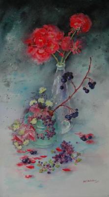 Still life with a geranium and wild grapes