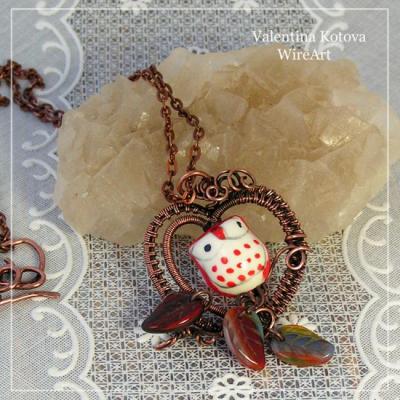 Copper pendant with ceramic owl (Copper Wire Wrap). Kotova Valentina