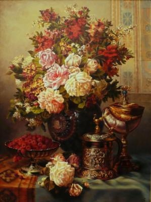 still life with Cup and flowers and raspberry