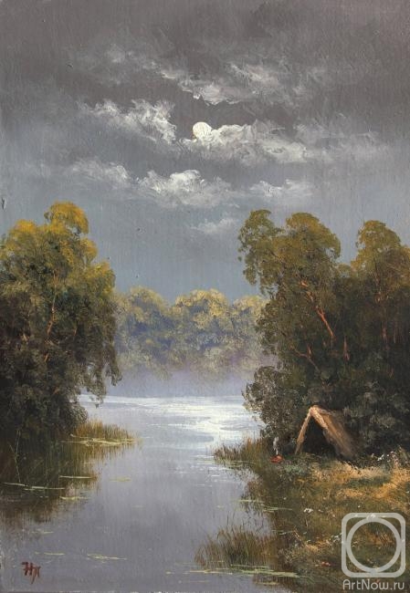Lyamin Nikolay. Hut on the river, night