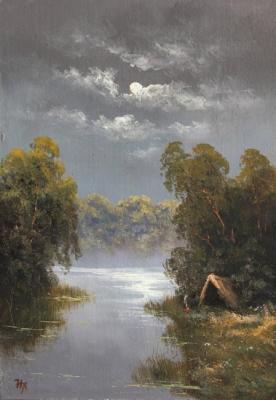Hut on the river, night. Lyamin Nikolay