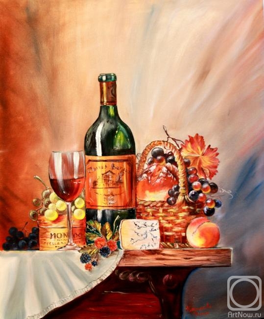 Kirillova Juliette. Still life with wine, bread and grapes