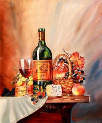 Still life with wine, bread and grapes. Kirillova Juliette