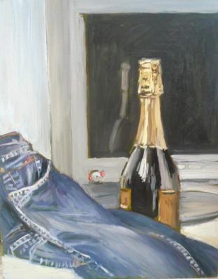Champagne, jeans on the tv background. Toporkov Anatoliy