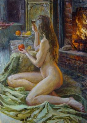 Nude near the fireplace