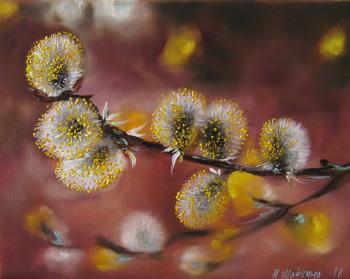 Pussywillow Branch, Small painting oil on canvas, Original Floral Painting, Minimalist, Realism, Spring Flowers, Handmade painting