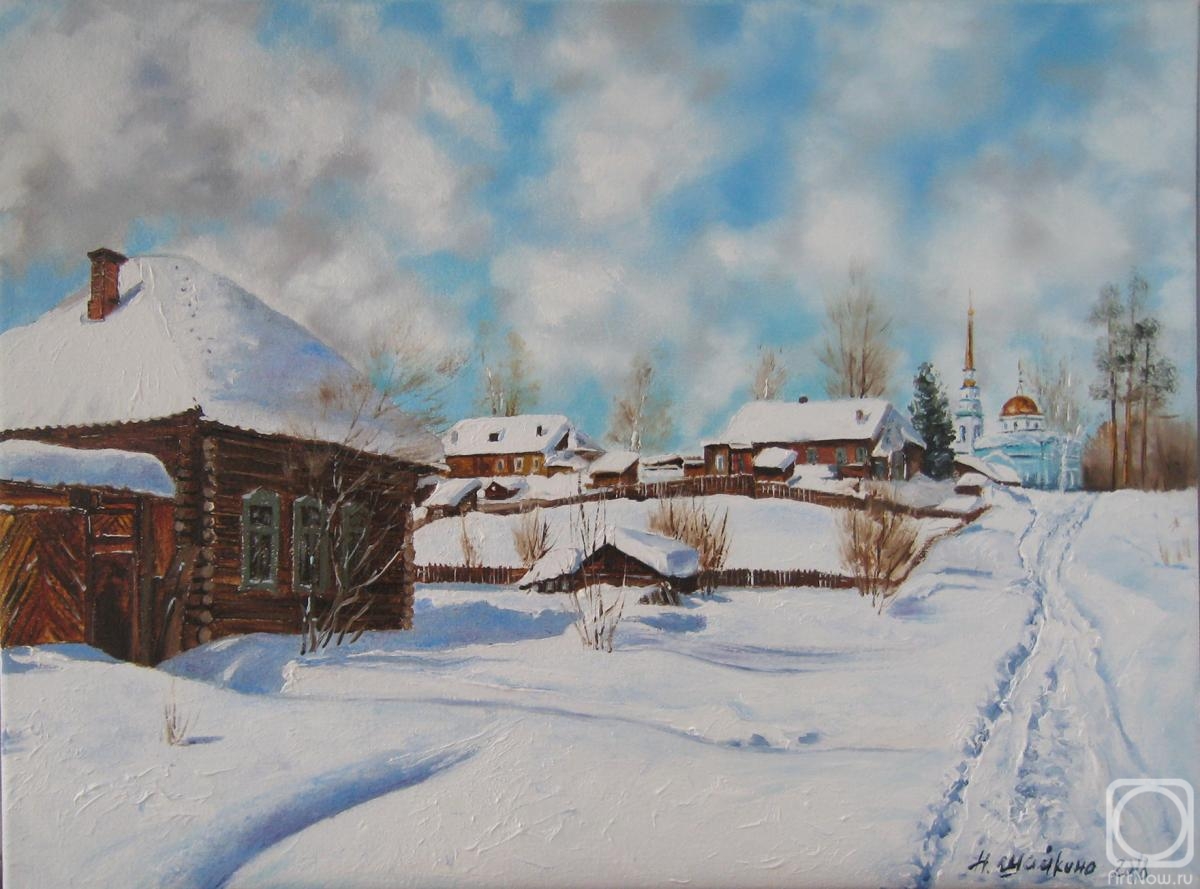 Shaykina Natalia. Country Road, Winter Landscape Original Art Canvas, Cottage Painting Oil , Snow Painting, Winter Wall Art