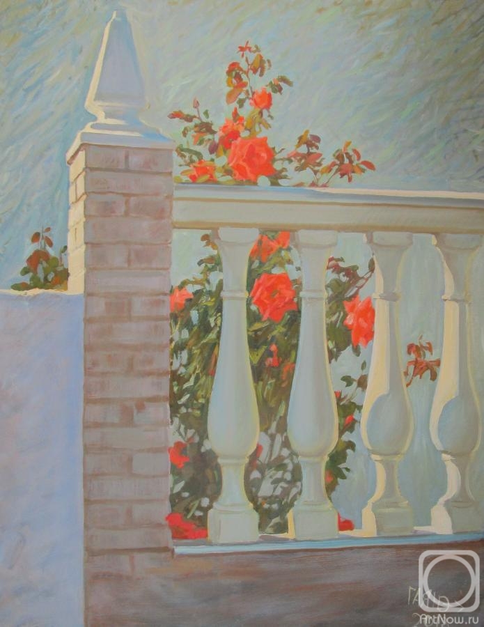 Dobrovolskaya Gayane. Red roses behind a white balustrade