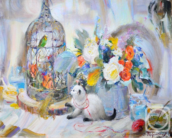 Biryukova Lyudmila. Still life with a kitten, parrot and flowers