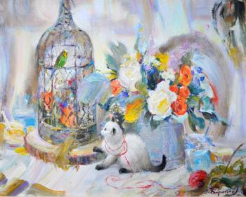 Still life with a kitten, parrot and flowers