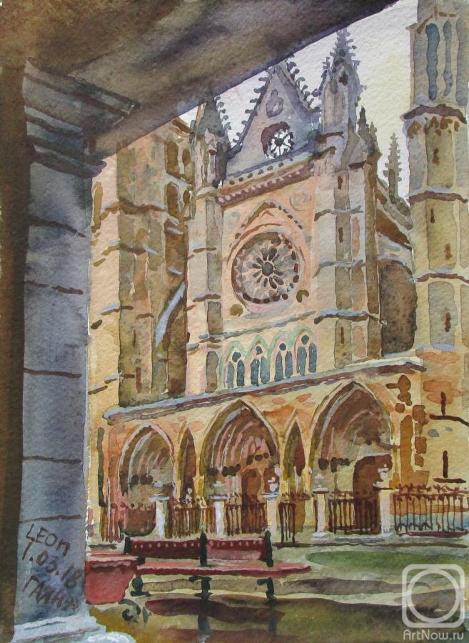 Dobrovolskaya Gayane. Leon, Portal of the Cathedral of Santa Maria de Leon from under Colonnade