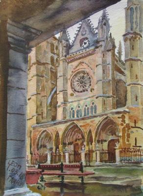 Leon, Portal of the Cathedral of Santa Maria de Leon from under Colonnade (Gothic Cathedral). Dobrovolskaya Gayane