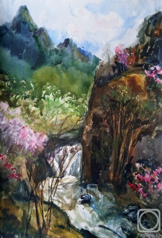Kruppa Natalia. View of the waterfall on the Kaspa River. May. Maral blossoms