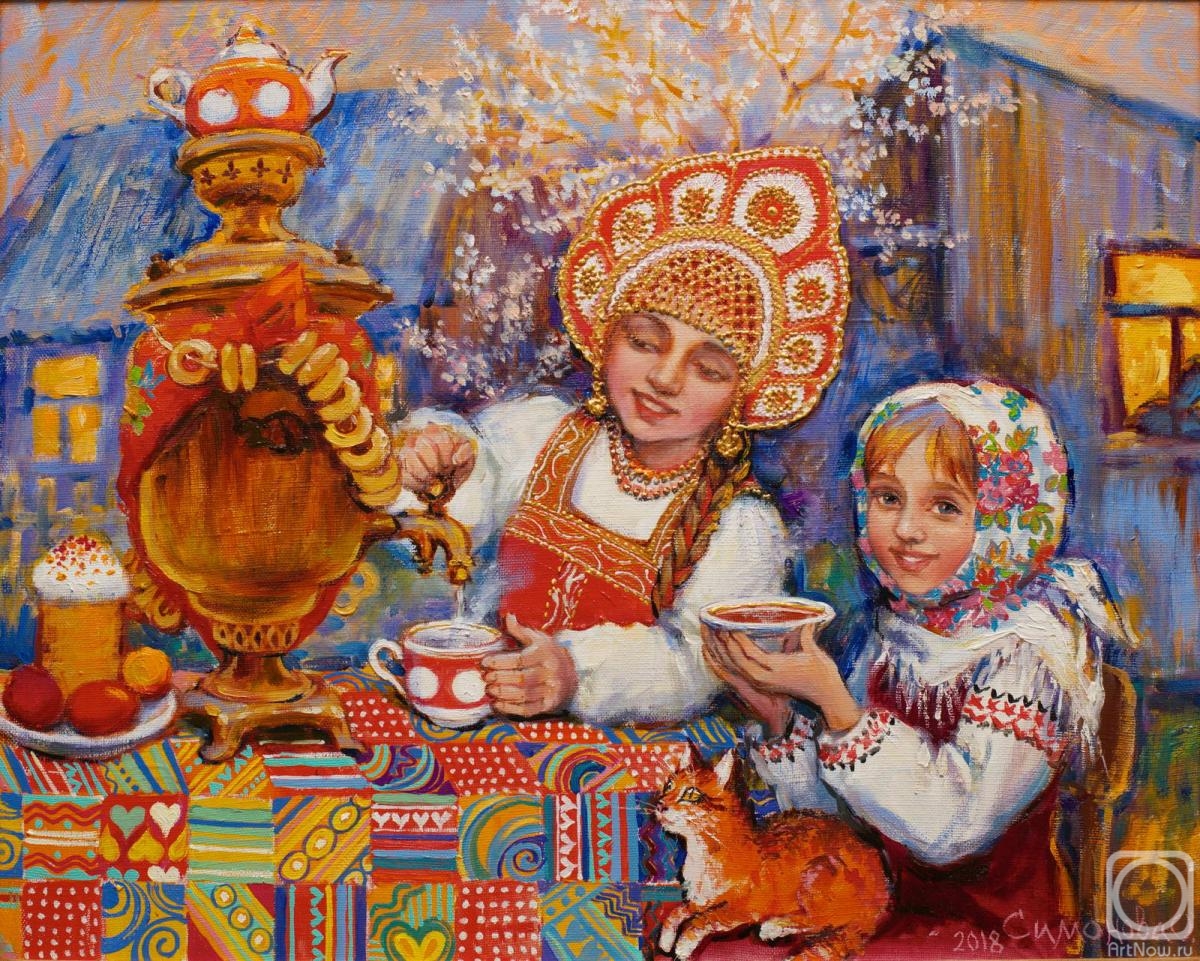 Вечернее чаепитие. Весна» картина Симоновой Ольги маслом на холсте —  заказать на ArtNow.ru