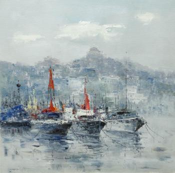 Yachts on the background of the city. Gomes Liya