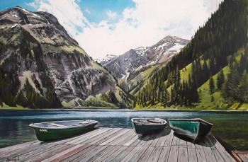 Alpine landscape with the boats. Alekhin Alexander