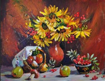 Sunflowers with mushrooms, berries, apples. Biryukova Lyudmila