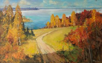 Painting Summer above lake, road. Kremer Mark
