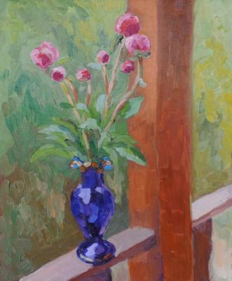 Peony buds in a blue vase. Yavisheva Tatiana