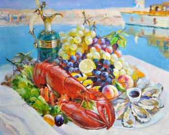 Still life with lobster, oysters and fruit