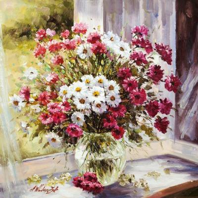 Bouquet of daisies on the window