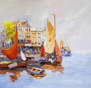 Amsterdam. Boat on the background of the city N2. Gomes Liya