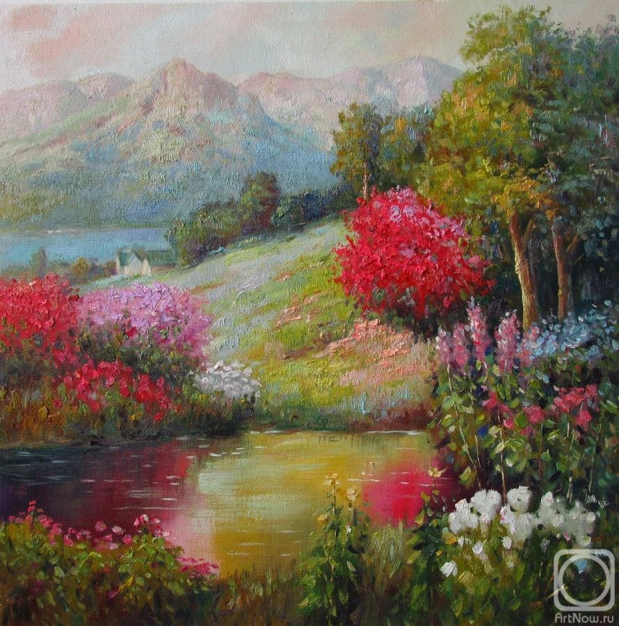 Romm Alexandr. Free copy of the painting by Kent Wallis (Kent R. Wallis) Stream in the garden