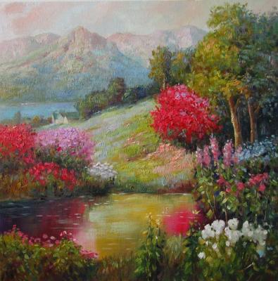 Free copy of the painting by Kent Wallis (Kent R. Wallis) Stream in the garden
