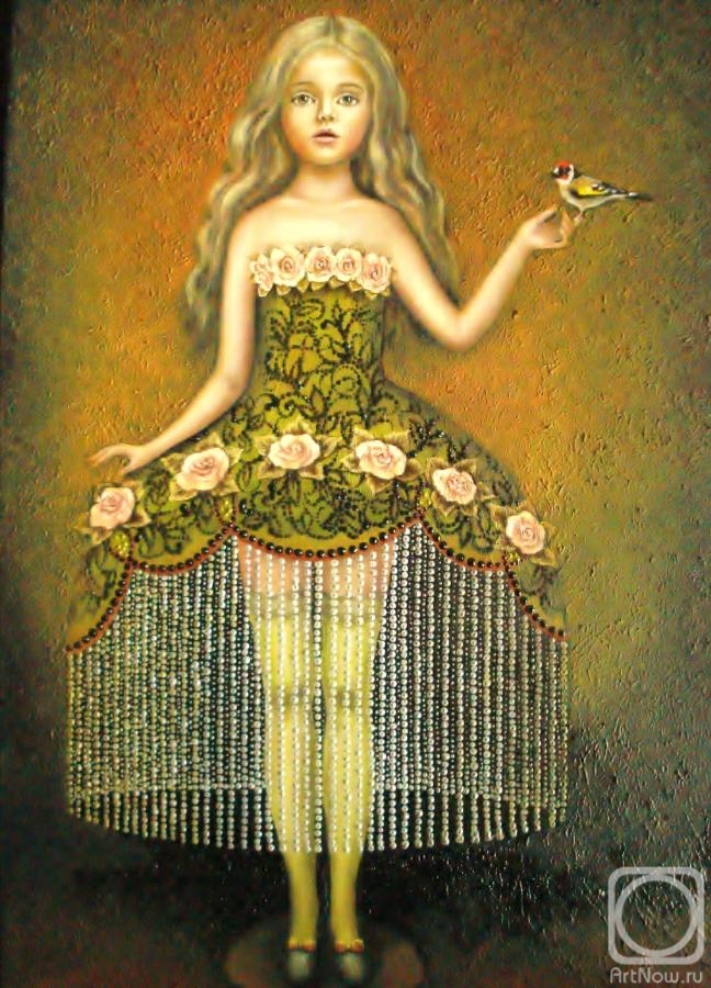 Bobrisheva Julia. Girl in green and goldfinch