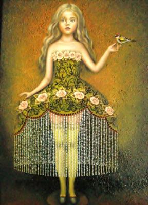 Girl in green and goldfinch. Bobrisheva Julia