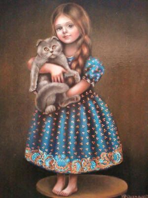 Girl in blue with a cat. Bobrisheva Julia