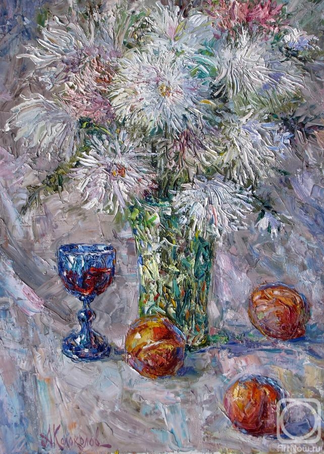 Kolokolov Anton. Still life with chrysanthemums and blue glass
