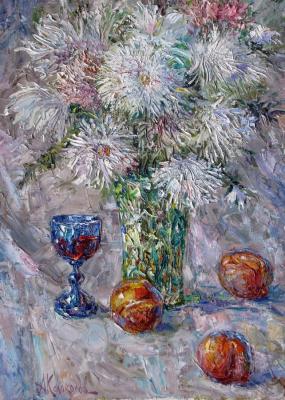 Still life with chrysanthemums and blue glass