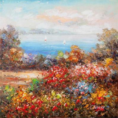 Blooming garden in the background of the sea. Vevers Christina