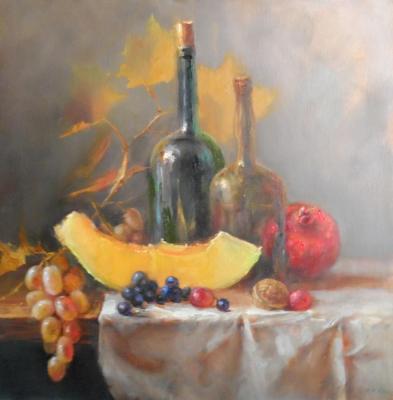 Still life with melon and wine
