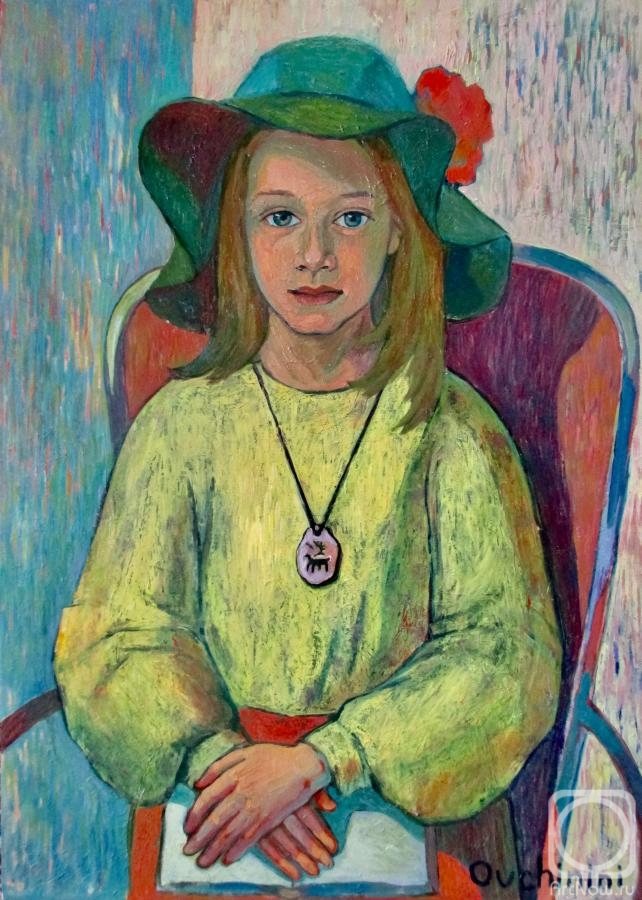Ovchinini Lyutcia. Portrait of a girl in a green hat with a book