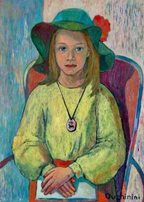 Portrait of a girl in a green hat with a book. Ovchinini Lyutcia