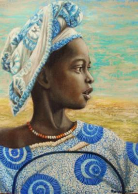 Africa. Portrait of a girl in a white and blue turban. Bobrisheva Julia