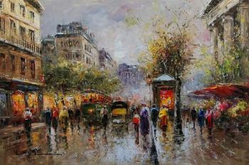 A view of the flower market on place de La Madeleine. Landscape Of Paris, By Antoine Blanchard