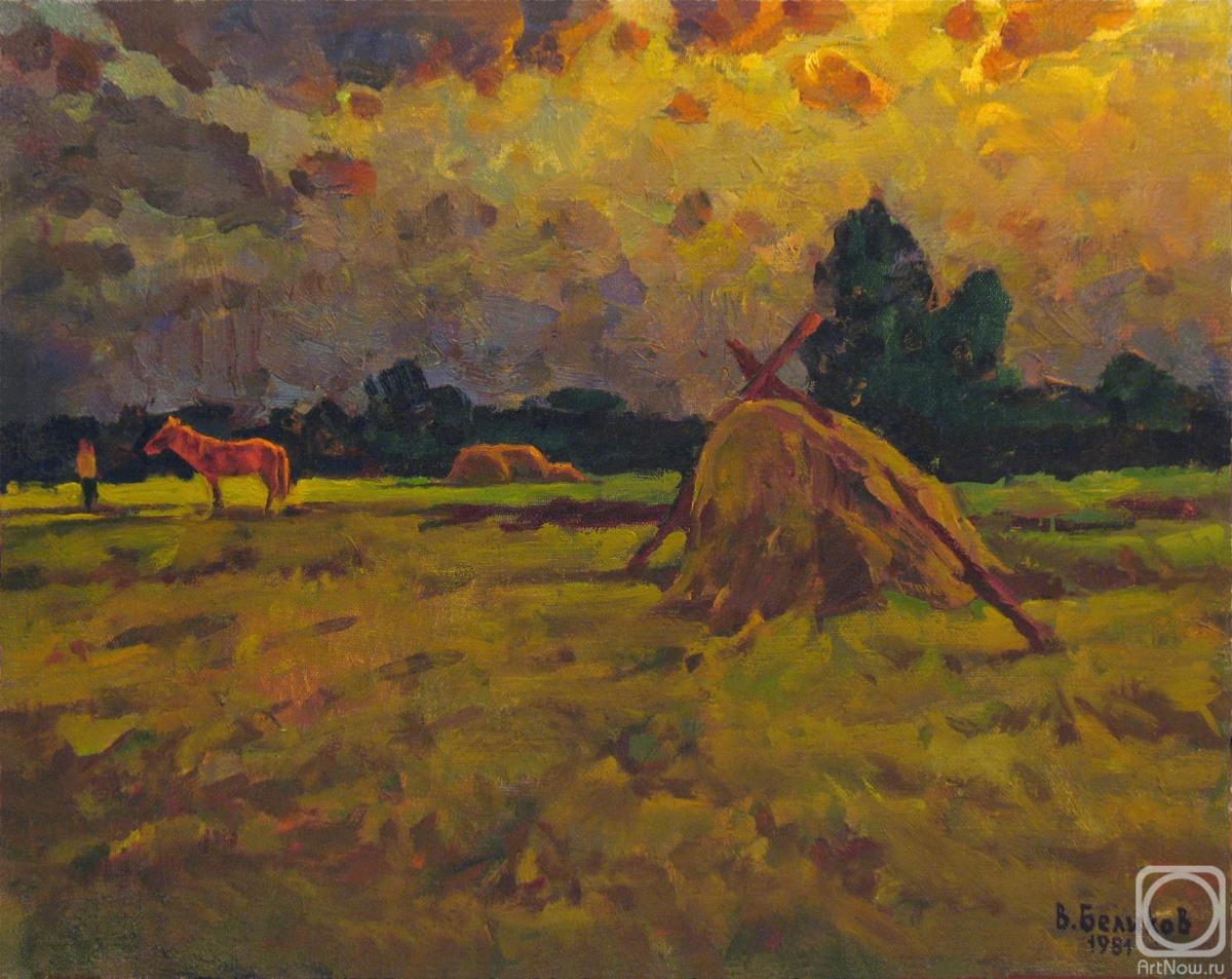 Belikov Vasilij. Landscape with a red horse on a mown meadow