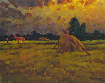 Landscape with a red horse on a mown meadow. Belikov Vasilij