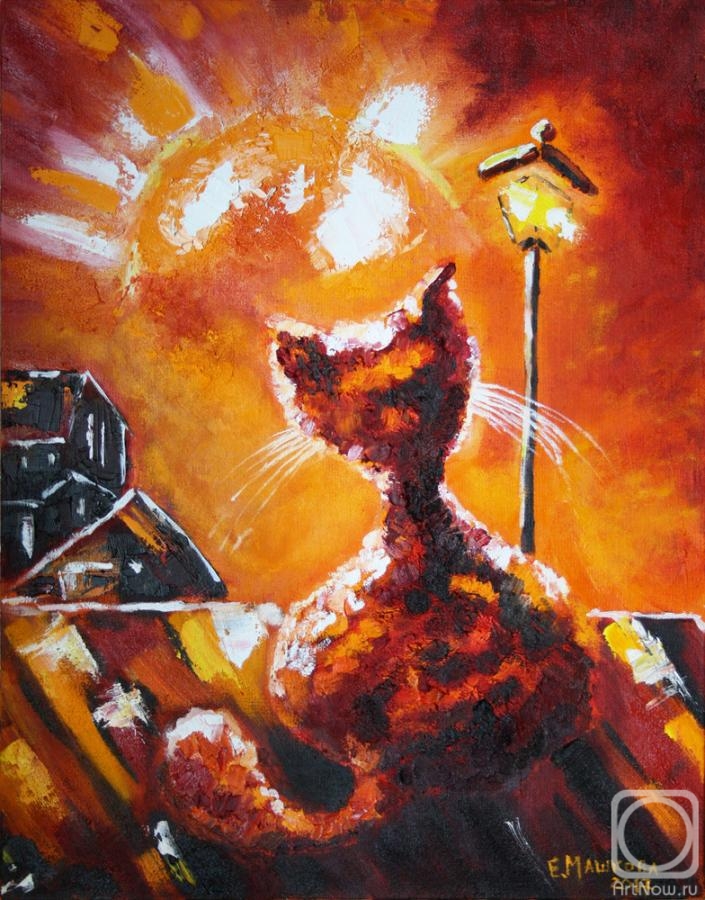 Mashkova Ekaterina. Roof, cat, Moon, lantern