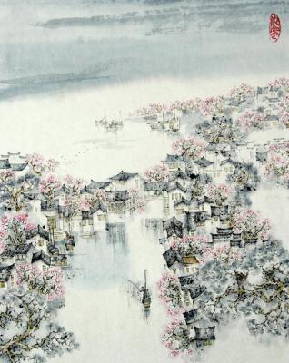 River. Sakura blooms. City on the water