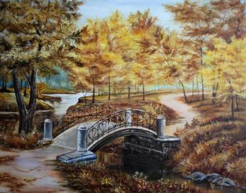 Autumn landscape. Bridge over river. Kirillova Juliette