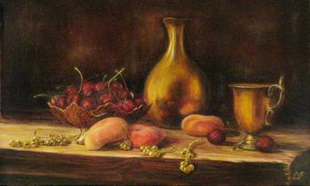 Still life with cherries and peaches