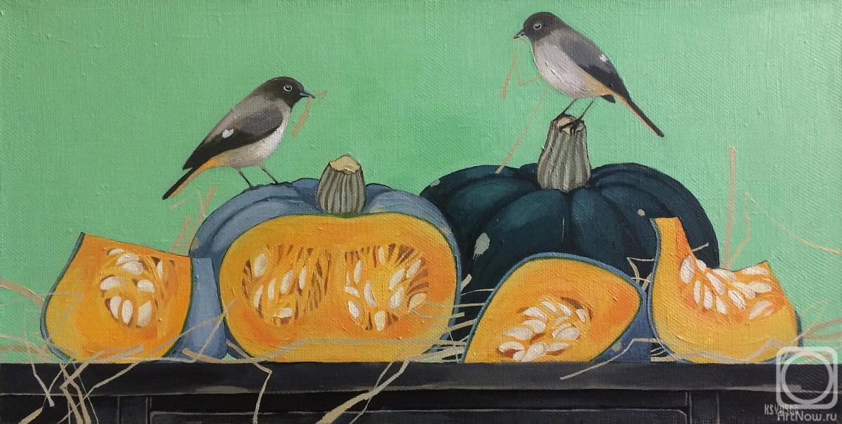 Berestova Ksenia. Birds and pumpkins. Autumn