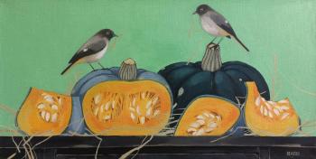 Birds and pumpkins. Autumn.  