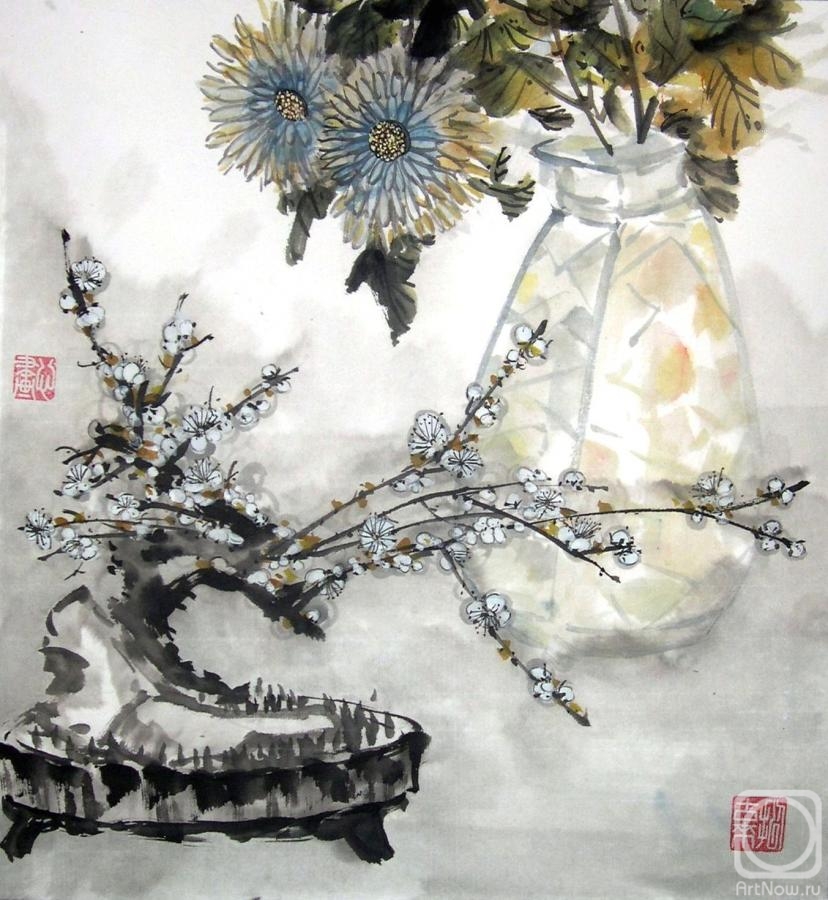 Mishukov Nikolay. Chrysanthemums in a vase, and bonsai