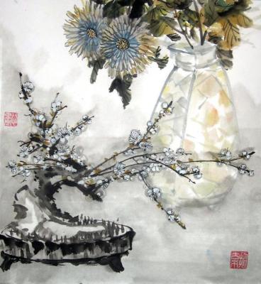 Chrysanthemums in a vase, and bonsai. Mishukov Nikolay