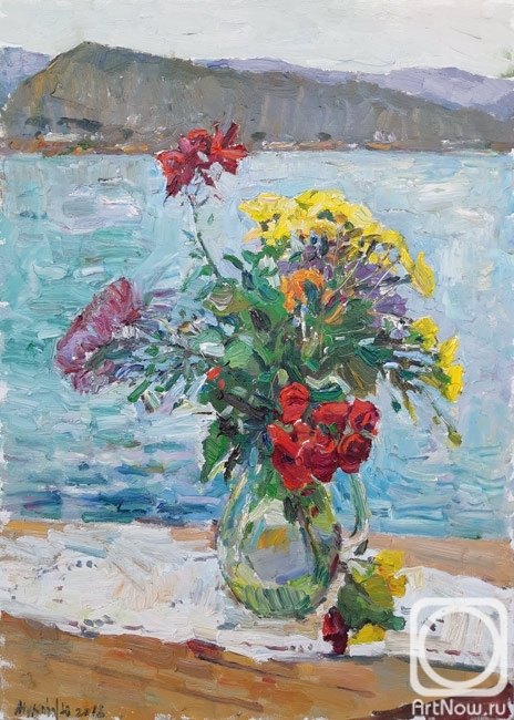 Zhukova Juliya. Bouquet on the background of the lake